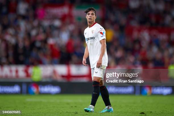 Oliver Torres of Sevilla FC looks on during the LaLiga Santander match between Sevilla FC and Real Sociedad at Estadio Ramon Sanchez Pizjuan on...