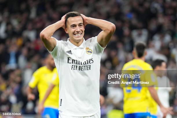 Lucas Vazquez of Real Madrid reacts during the LaLiga Santander match between Real Madrid CF and Cadiz CF at Estadio Santiago Bernabeu on November...