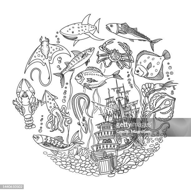 sunken pirate ship, underwater world, fish, treasures doodles - galleon stock illustrations
