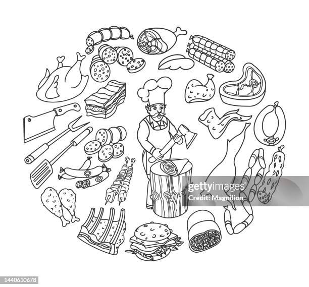 fleisch, wurst, fleischprodukte doodles - hand drawn food illustration stock-grafiken, -clipart, -cartoons und -symbole