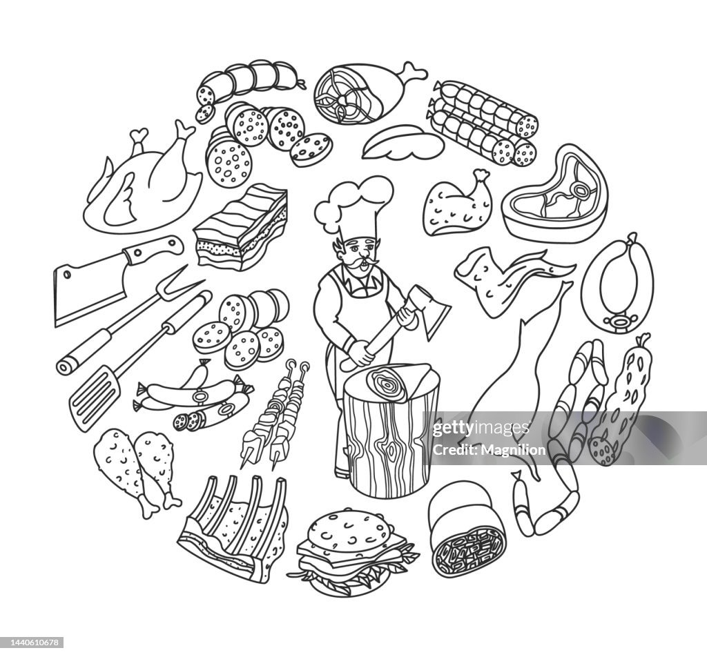Meat, Sausages, Meat Products Doodles