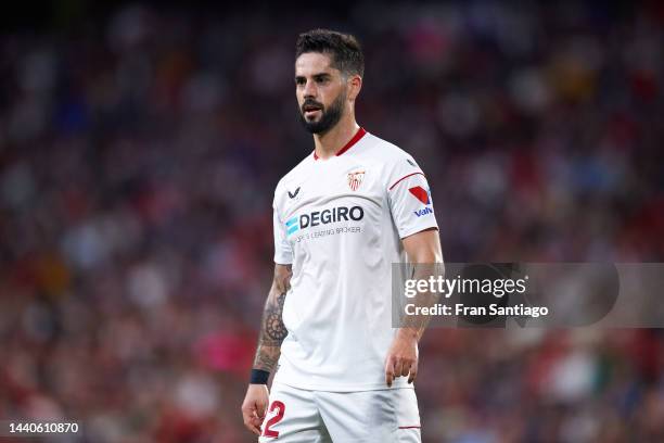 Isco Alarcon of Sevilla FC looks on during the LaLiga Santander match between Sevilla FC and Real Sociedad at Estadio Ramon Sanchez Pizjuan on...