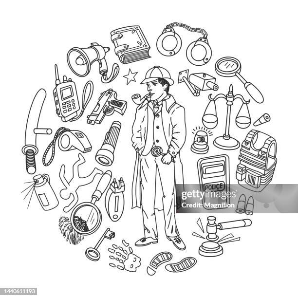 detective doodles set circle composition - detective badge stock illustrations
