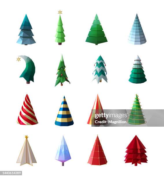 illustrazioni stock, clip art, cartoni animati e icone di tendenza di set di alberi di natale low poly - legno di pino