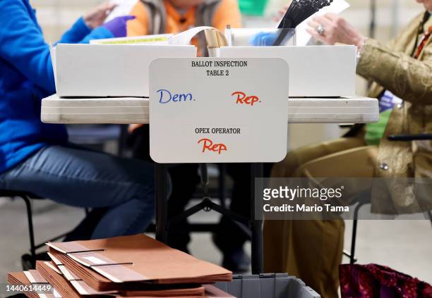 Ballots are processed by bipartisan election workers at the Clark County Election Department during the ongoing election process on November 10, 2022...