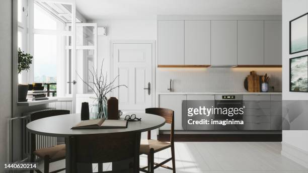 scandinavian style kitchen - brightly lit stockfoto's en -beelden