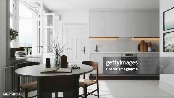 scandinavian style kitchen - house of cardin special screening at modernism week stockfoto's en -beelden