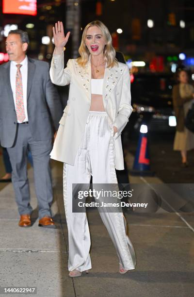 Emily Blunt visits the 'The Late Show With Stephen Colbert' at the Ed Sullivan Theater on November 10, 2022 in New York City.