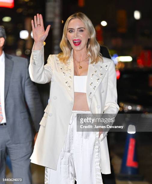 Emily Blunt visits the 'The Late Show With Stephen Colbert' at the Ed Sullivan Theater on November 10, 2022 in New York City.