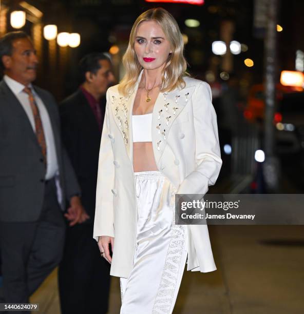 Emily Blunt visits the 'The Late Show With Stephen Colbert' at the Ed Sullivan Theater on November 10, 2022 in New York City.