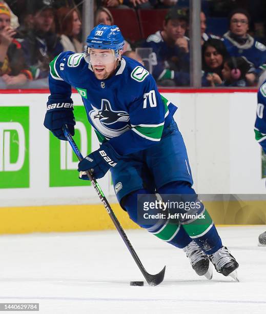Tanner Pearson of the Vancouver Canucks skates up ice during their NHL game against the Nashville Predators at Rogers Arena November 5, 2022 in...