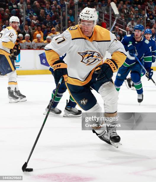 Mark Jankowski of the Nashville Predators skates up ice during their NHL game against the Vancouver Canucks at Rogers Arena November 5, 2022 in...