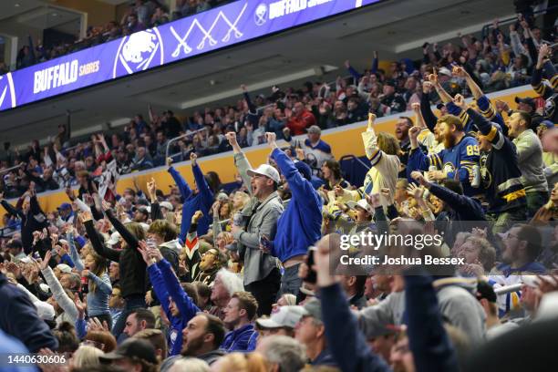 Buffalo Sabres fans cheer during the first period of an NHL hockey game against the Vegas Golden Knights at KeyBank Center on November 10, 2022 in...