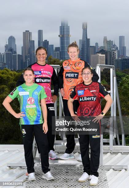 Nicole Faltum of the Melbourne Stars, Suzie Bates of the Sydney Sixers, Maddy Green of the Perth Scorchers and Ella Hayward of the Melbourne...