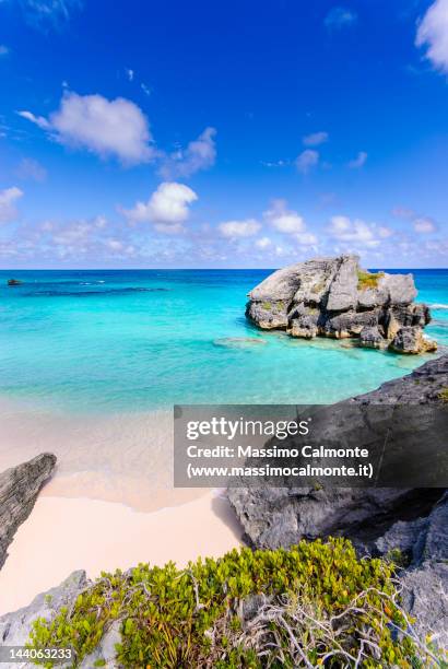 view of rock on beach - bermuda beach stockfoto's en -beelden