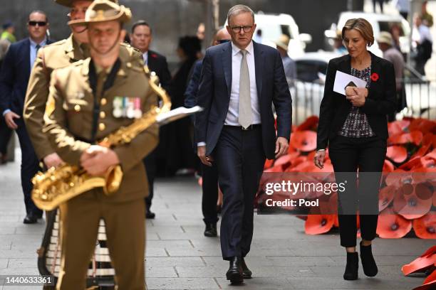 Prime Minister Anthony Albanese arrives to attend a Remembrance Day service at Martin Place on November 11, 2022 in Sydney, Australia. Remembrance...