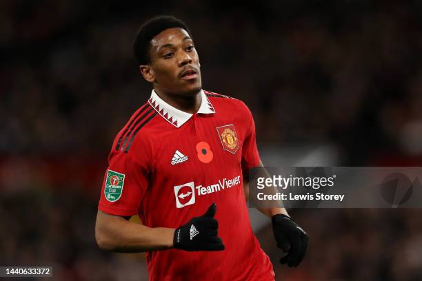 Anthony Martial of Manchester United in action during the Carabao Cup Third Round match between Manchester United and Aston Villa at Old Trafford on...