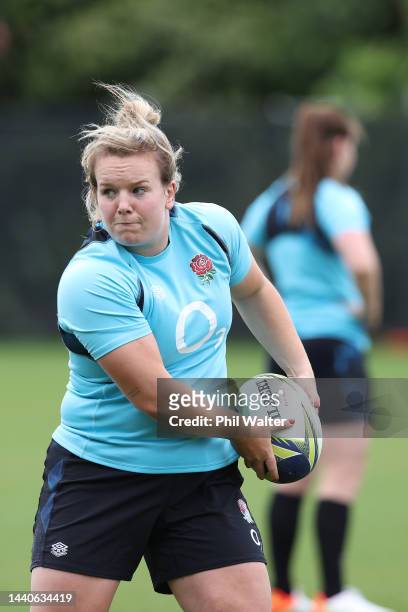 Lark Davies of England passes during an England Rugby World Cup squad training session at Waitakere Stadium on November 11, 2022 in Auckland, New...