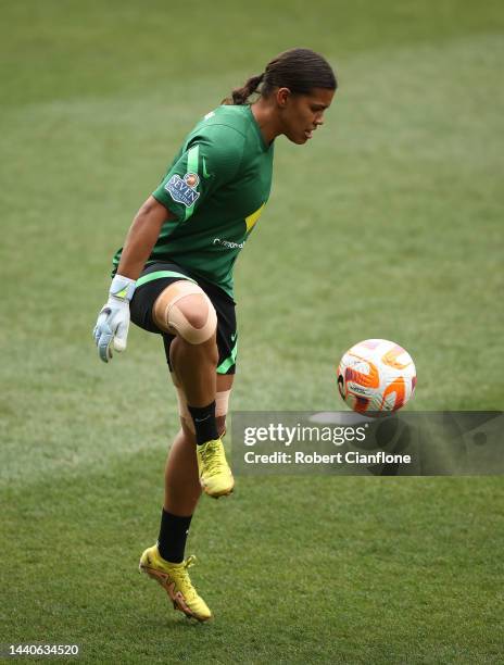 Matildas goalkeeper Jada Whyman controls the ball during an Australia Matildas training session at AAMI Park on November 11, 2022 in Melbourne,...