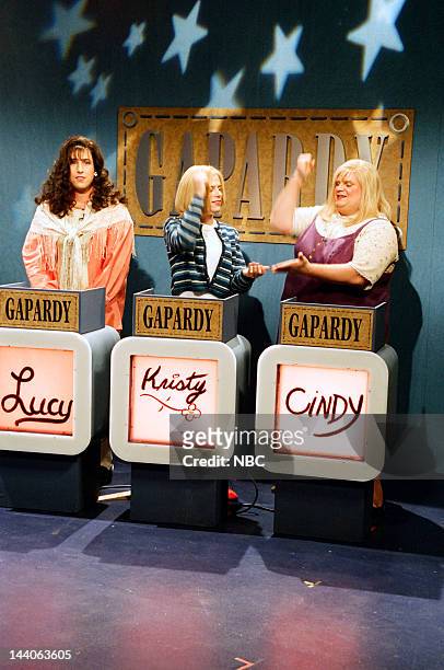 Episode 18 -- Pictured: Adam Sandler as Lucy Brawn, David Spade as Christy Henderson, Chris Farley as Cindy Crawford during the 'Gapardy' skit on...