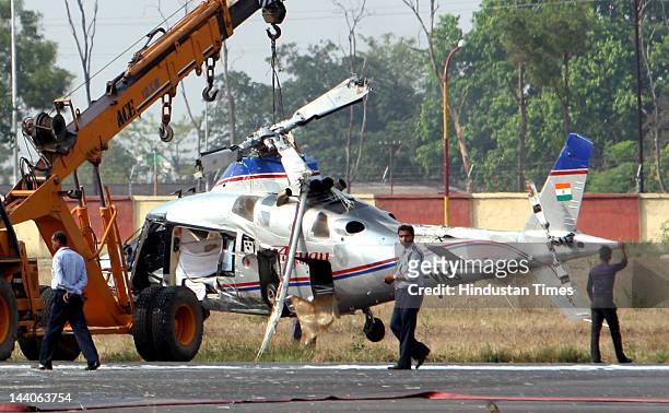 Wreckage of a Agusta AW 109 helicopter which crash landed at Birsa Munda Airport while carrying Zharkhand Chief Minister Arjun Munda on May 9, 2012...