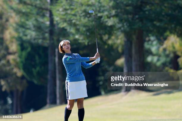 Yasuko Sato of Japan hits her third shot on the 8th hole during the second round of the Yamaguchi Shunan Ladies Cup at Shunan Country Club on...
