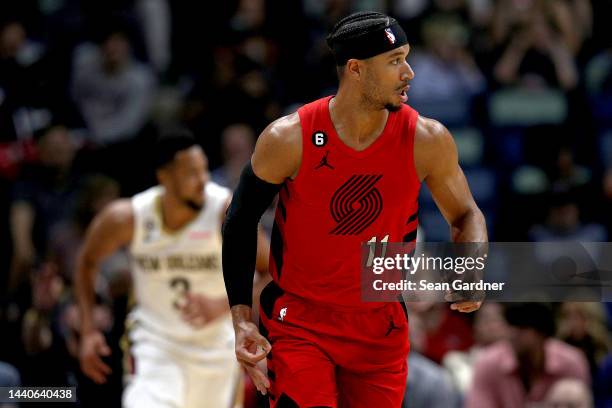 Josh Hart of the Portland Trail Blazers reacts after scoring a three point basket during the first quarter of an NBA game against the New Orleans...