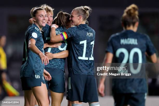 Klara Bühl of Germany celebrates with teammates after scoring a goal against the the United States during the second half in the women's...