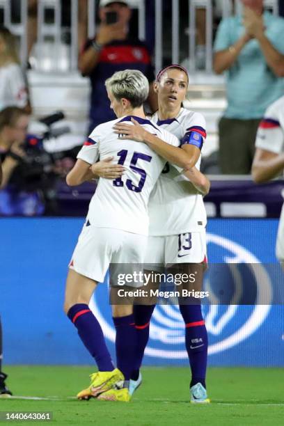 Megan Rapinoe of the United States celebrates with teammate Alex Morgan after scoring a goal against Germany during the second half in the women's...
