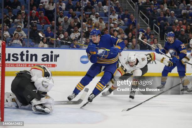Tage Thompson of the Buffalo Sabres scores a goal during the second period of an NHL hockey game against the Vegas Golden Knights at KeyBank Center...