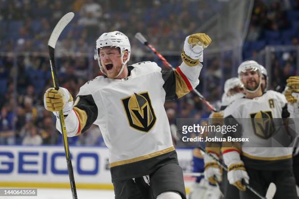 Jack Eichel of the Vegas Golden Knights celebrates after scoring a goal during the third period of an NHL hockey game against the Buffalo Sabres at...