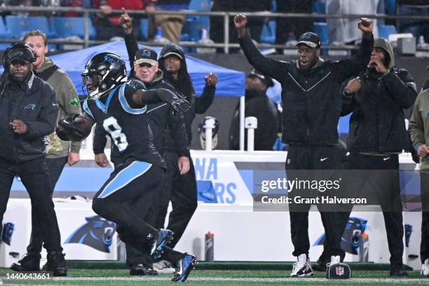 Jaycee Horn of the Carolina Panthers returns an interception during the second quarter against the Atlanta Falcons at Bank of America Stadium on...