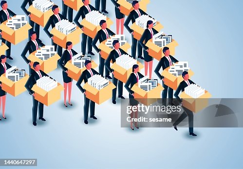 Isometric group of businessmen carrying piles of documents in cardboard boxes left the office, unemployment, dismissal, career crisis, economic crisis leading to massive layoffs Isometric group of businessmen carrying piles of documents in cardboard boxes left the office, unemployment, dismissal, career crisis, economic crisis leading to massive layoffs