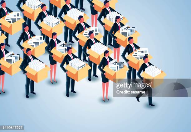 isometric group of businessmen carrying piles of documents in cardboard boxes left the office, unemployment, dismissal, career crisis, economic crisis leading to massive layoffs - rejection stock illustrations