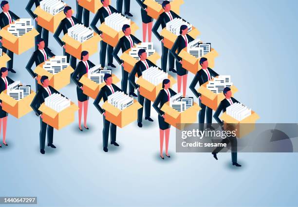 isometric group of businessmen carrying piles of documents in cardboard boxes left the office, unemployment, dismissal, career crisis, economic crisis leading to massive layoffs - quitting a job stock illustrations