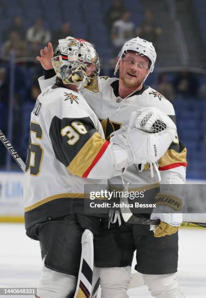 Logan Thompson and Jack Eichel of the Vegas Golden Knights celebrate after the game against the Buffalo Sabres at KeyBank Center on November 10, 2022...