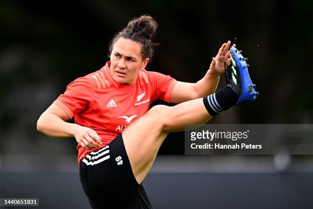 Portia Woodman of the Black Ferns runs through drills during a New Zealand Black Ferns Rugby World Cup squad captain's run at Gribblehirst Park on...
