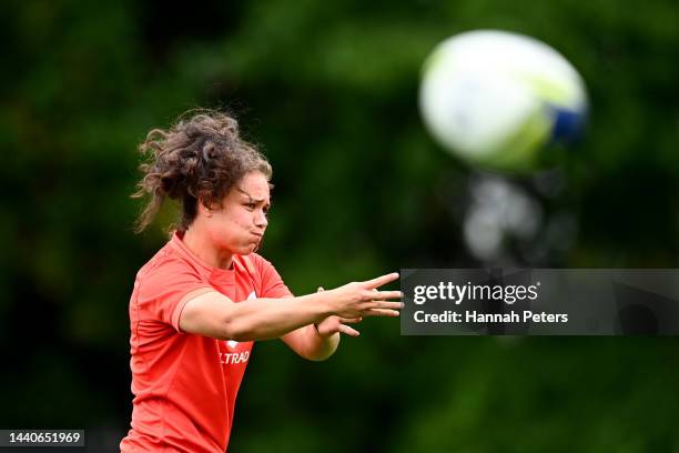 Ruby Tui of the Black Ferns runs through drills during a New Zealand Black Ferns Rugby World Cup squad captain's run at Gribblehirst Park on November...