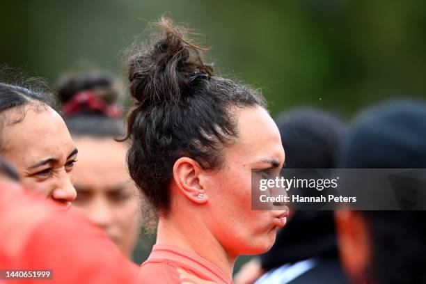 Portia Woodman of the Black Ferns runs through drills during a New Zealand Black Ferns Rugby World Cup squad captain's run at Gribblehirst Park on...