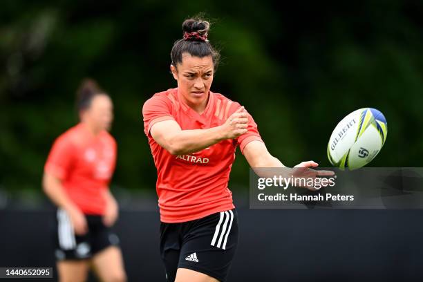 Theresa Fitzpatrick of the Black Ferns runs through drills during a New Zealand Black Ferns Rugby World Cup squad captain's run at Gribblehirst Park...