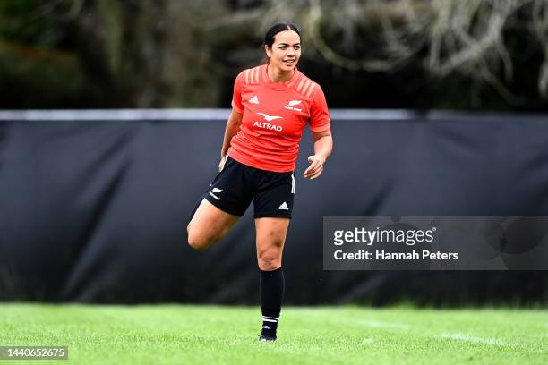 Stacey Fluhler of the Black Ferns runs through drills during a New Zealand Black Ferns Rugby World Cup squad captain's run at Gribblehirst Park on...