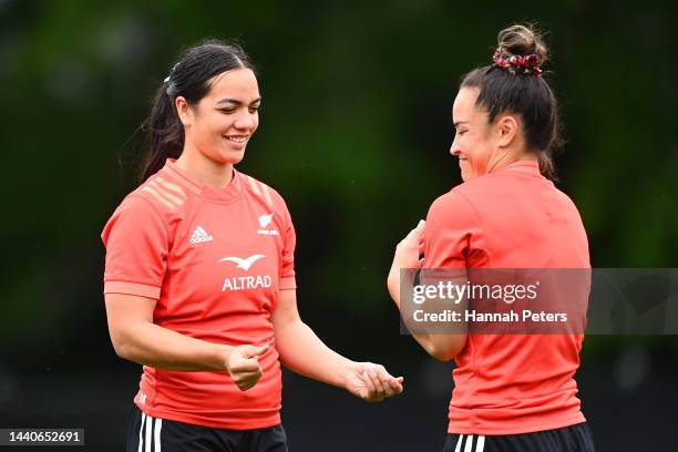 Stacey Fluhler and Theresa Fitzpatrick of the Black Ferns run through drills during a New Zealand Black Ferns Rugby World Cup squad captain's run at...