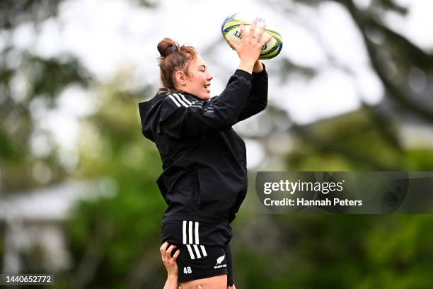 Maiakawanakaulani Roos of the Black Ferns runs through drills during a New Zealand Black Ferns Rugby World Cup squad captain's run at Gribblehirst...