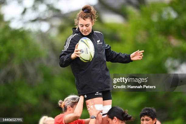 Maiakawanakaulani Roos of the Black Ferns runs through drills during a New Zealand Black Ferns Rugby World Cup squad captain's run at Gribblehirst...