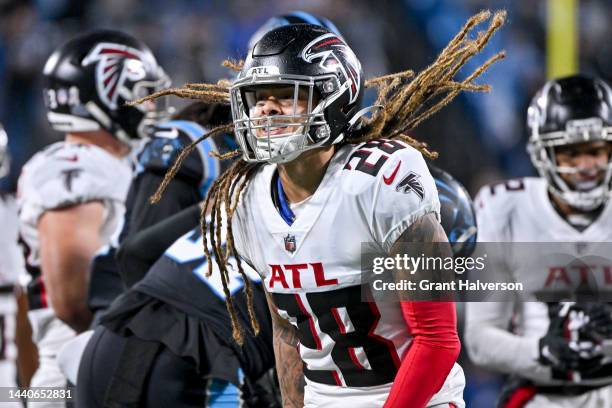 Mike Ford of the Atlanta Falcons reacts after a tackle on a kickoff during the third quarter against the Carolina Panthers at Bank of America Stadium...