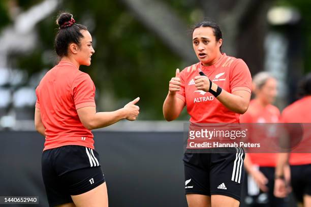 Theresa Fitzpatrick and Ruahei Demant of the Black Ferns run through drills during a New Zealand Black Ferns Rugby World Cup squad captain's run at...