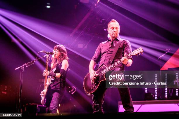 Emma Anzai and Tim McCord of Evanescence perform at Mediolanum Forum of Assago on November 10, 2022 in Milan, Italy.