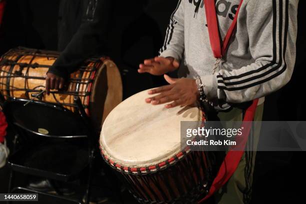General view of a drum performance at The Brooklyn Silver Screen Premiere of Black Panther: Wakanda Forever, hosted by BAM at The Harvey Theater,...