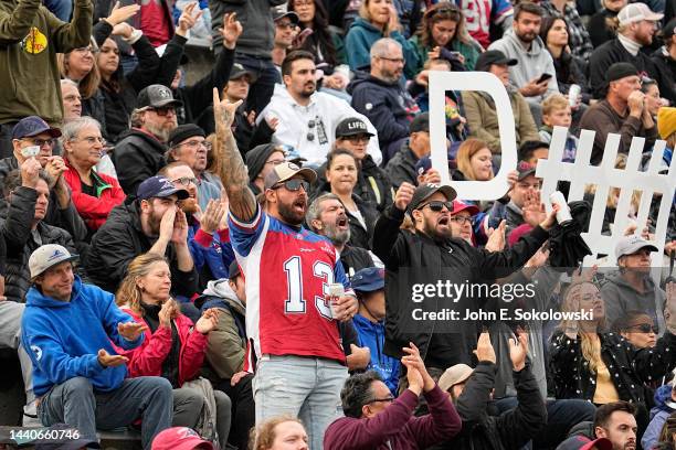 Montreal Alouettes fans cheer during a the Eastern semi final against the Hamilton Tiger-Cats at Percival Molson Stadium on November 6, 2022 in...