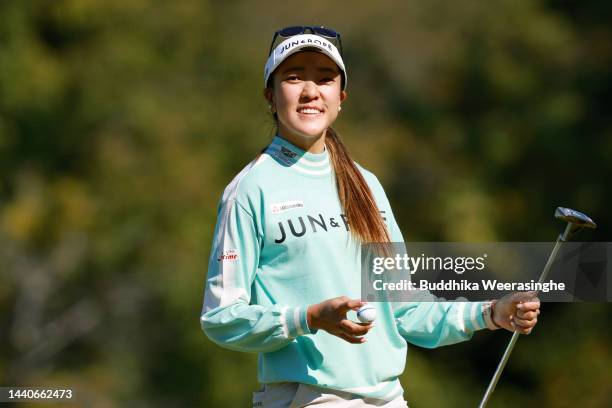 Eimi Koga of Japan celebrates the birdie on the 3rd green during the second round of the Yamaguchi Shunan Ladies Cup at Shunan Country Club on...